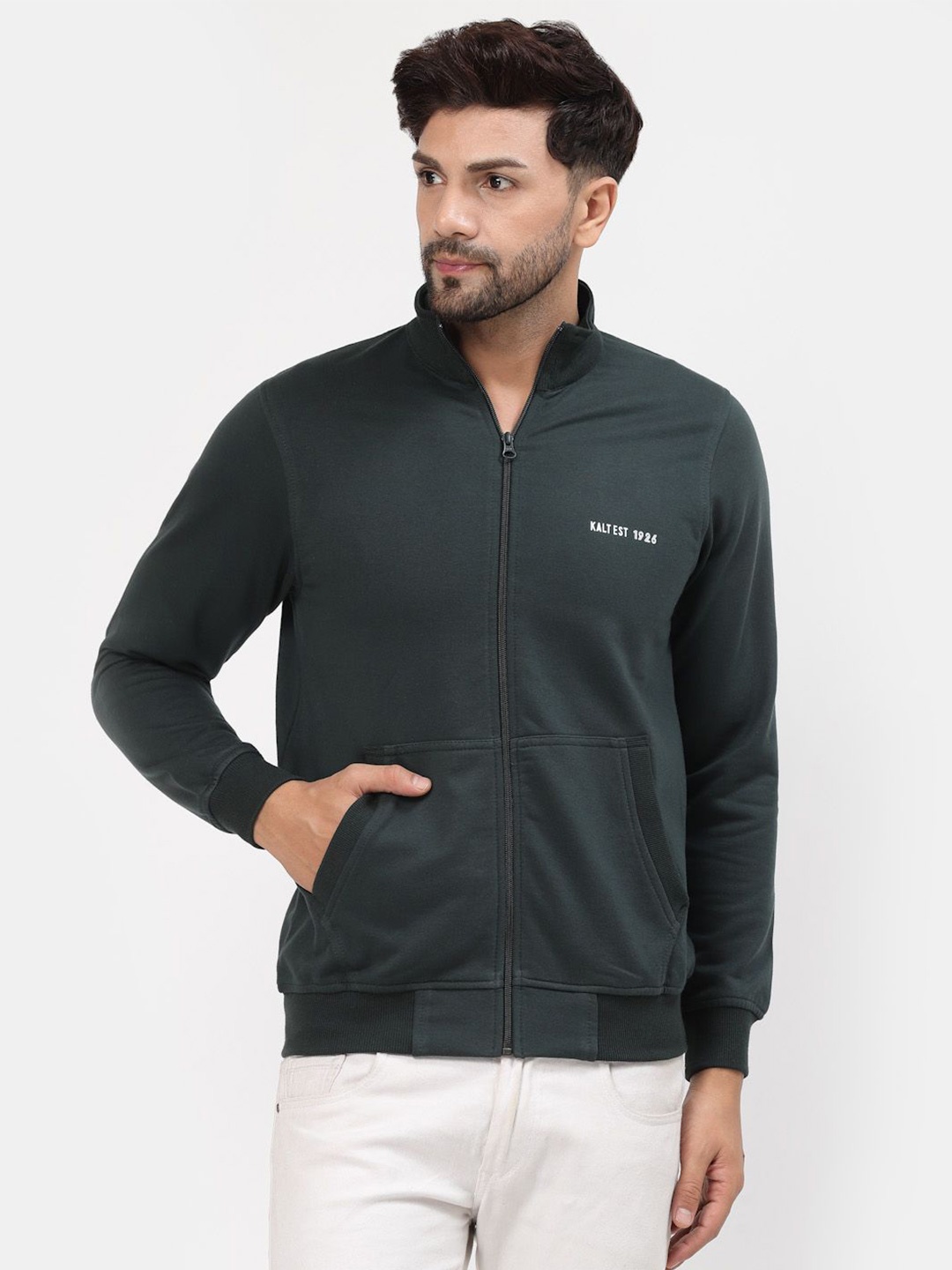 

Kalt Men Mock Collar Front-Open Sweatshirt, Green