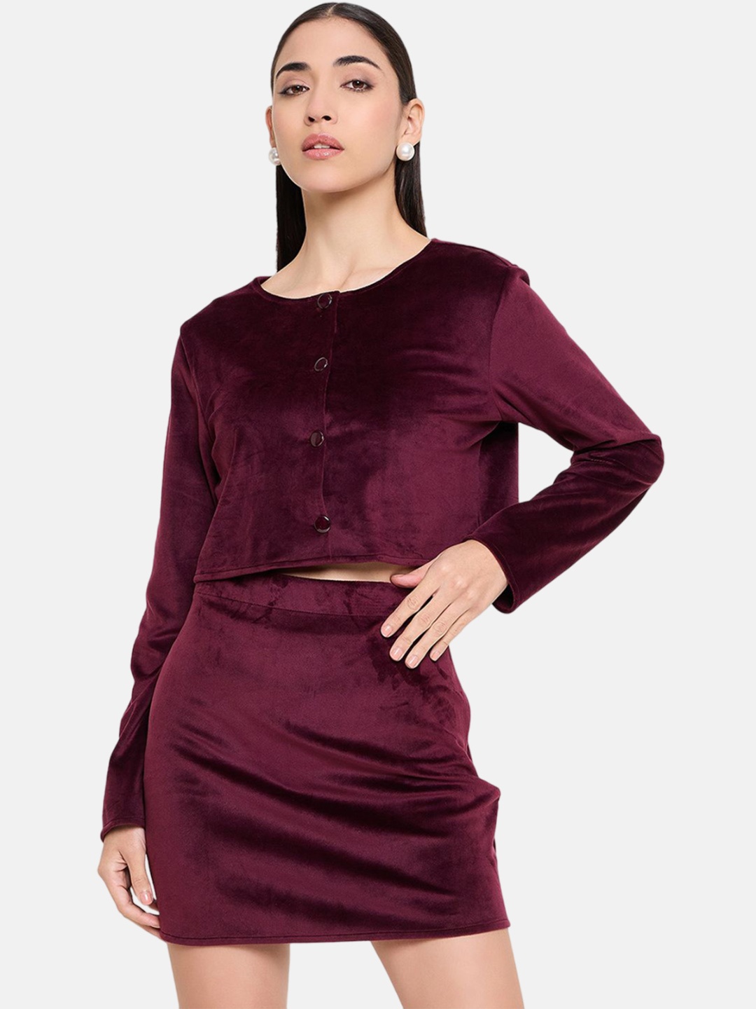 

Imfashini Round Neck Long Sleeves Top With Skirt, Burgundy