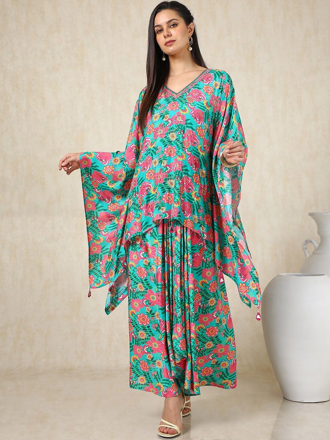 

Soch Floral Printed Kaftan Kurta with Skirt, Teal