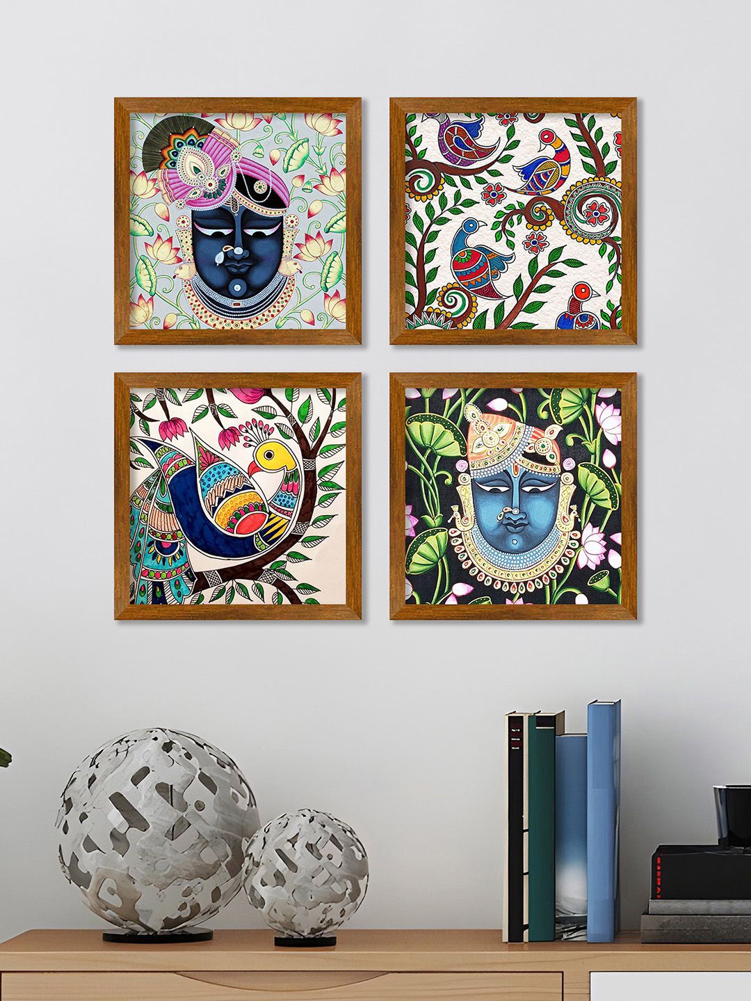

ArtVibes Brown & Black 4 Pieces Pichwai Krishna Wooden Painting Wall Arts