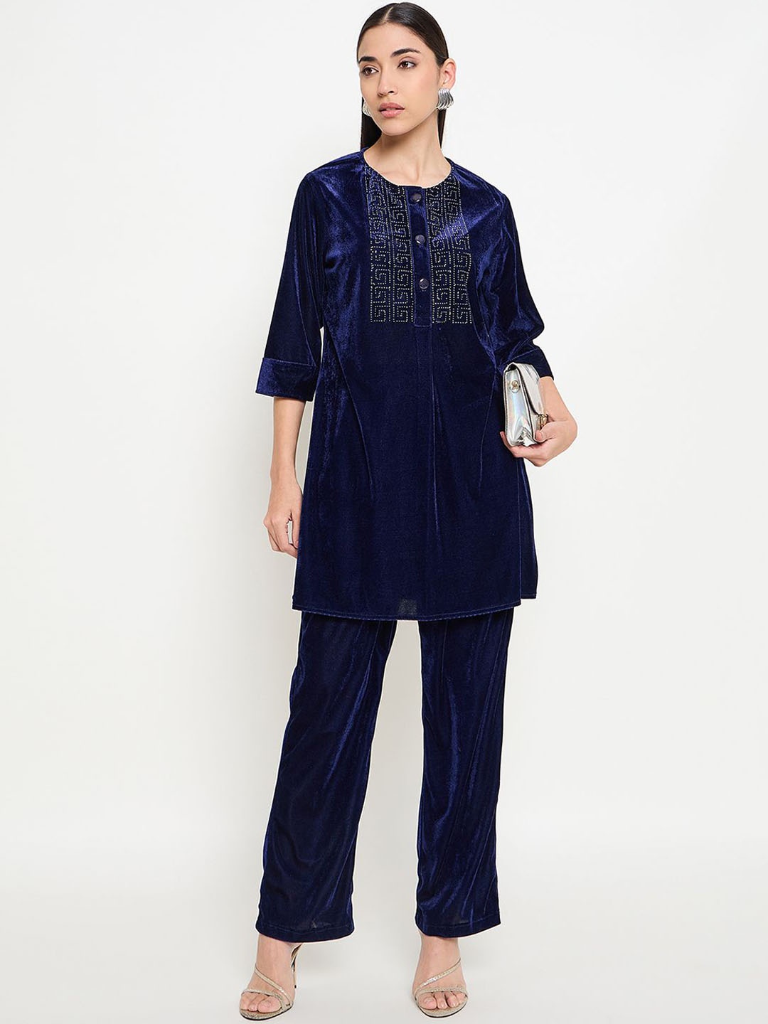 

Imfashini Embellished Round Neck Three-Quarter Sleeves Top With Palazzo, Blue
