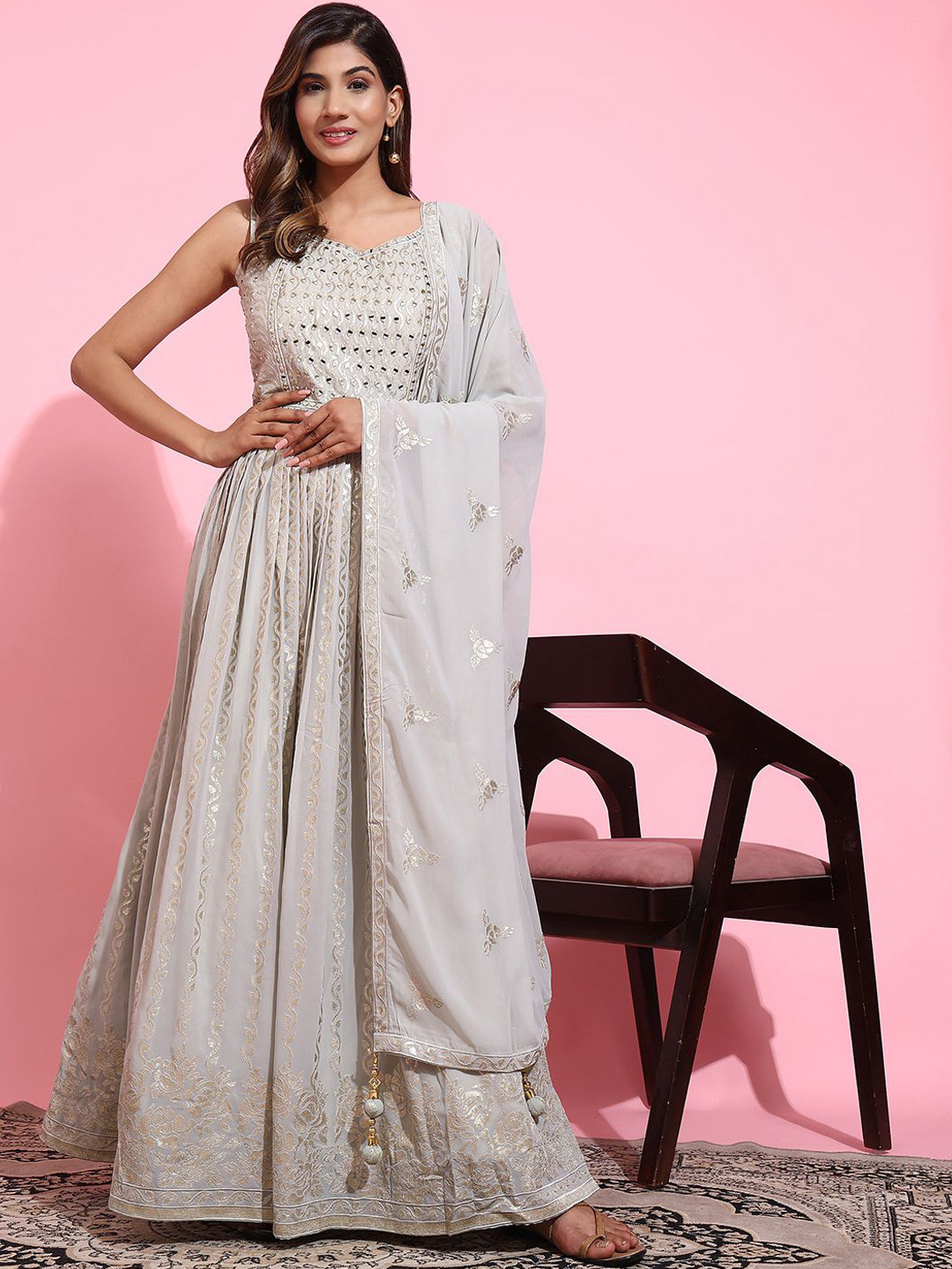 

VANAKARA Women Embellished Sequined & Mirror work Gown Ethnic Dress With Dupatta, Grey