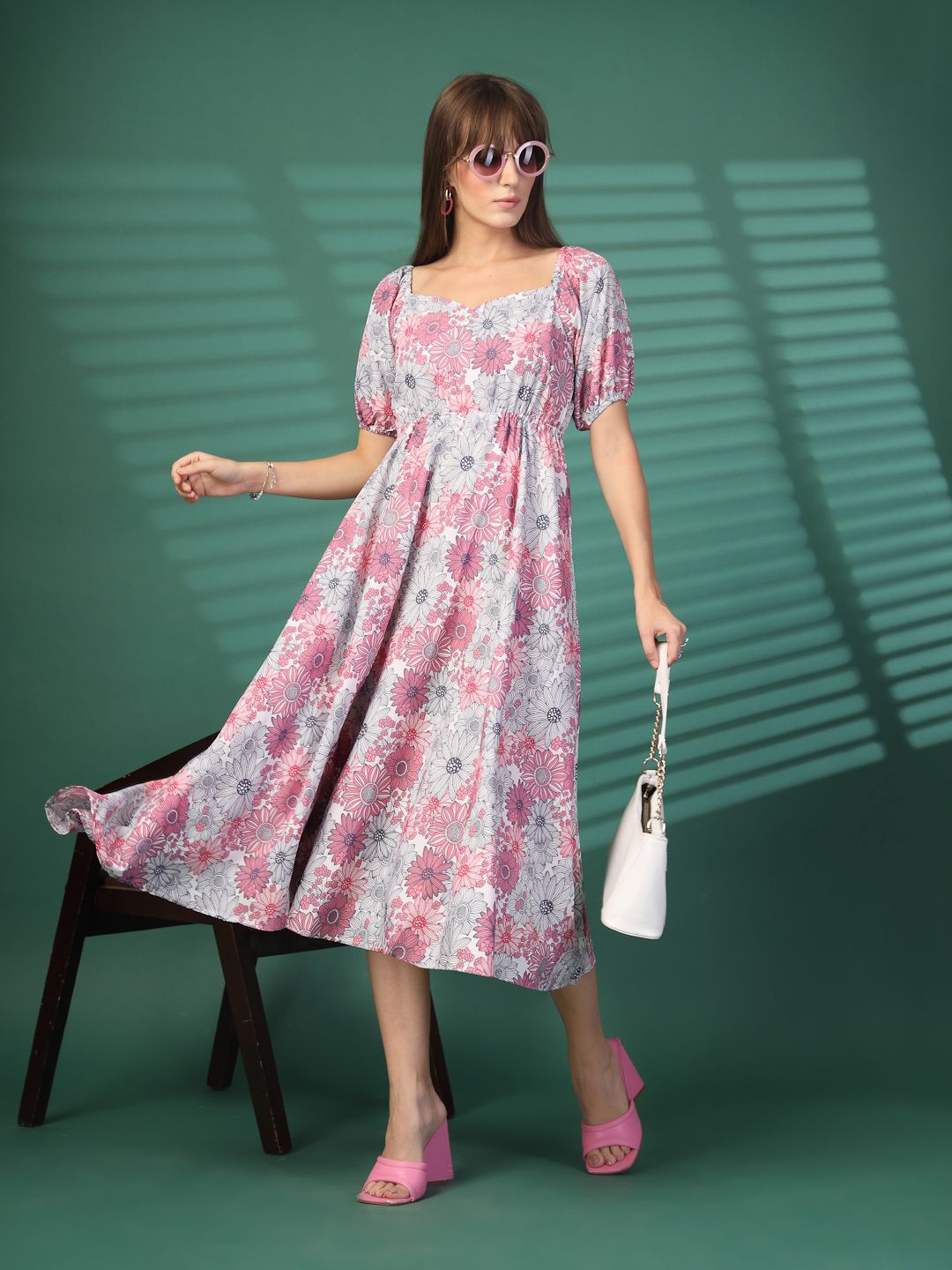 

Oomph! Women Floral Printed Fit & Flare Midi Dress, Pink