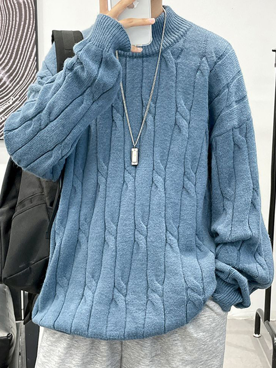 

StyleCast x Revolte Men Self Design Longline Pullover Sweaters, Blue