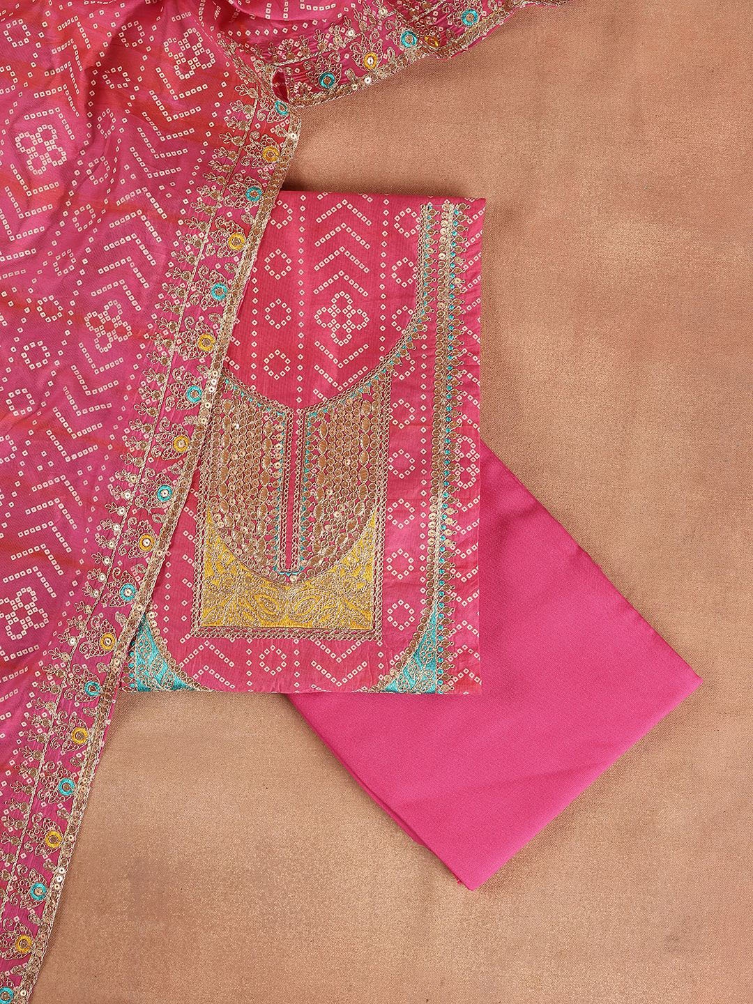 

Libas Pink Bandhani Embroidered Sequined Unstitched Dress Material