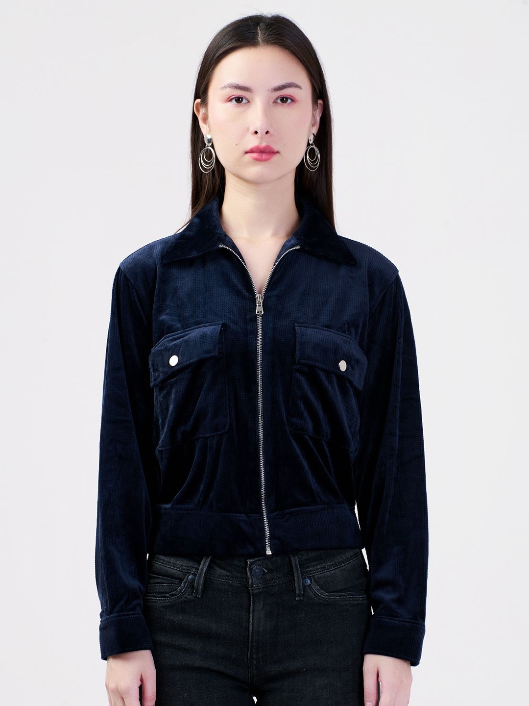 

Albion By CnM Women Cotton Self Design Shirt Collar Front-Open Sweatshirt, Navy blue