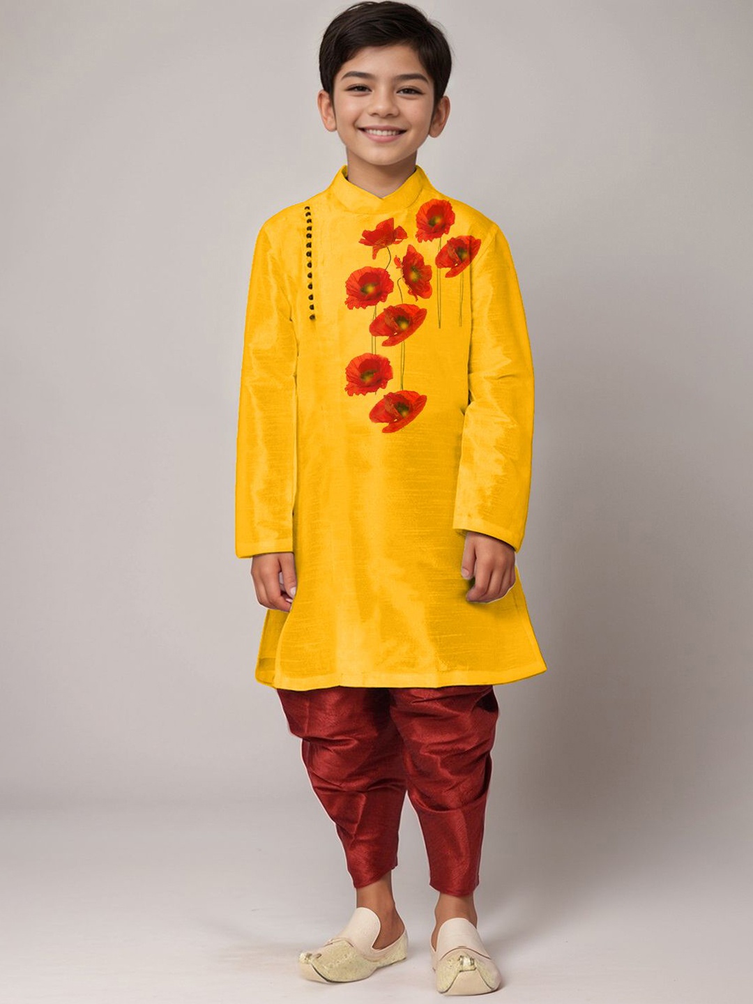 

DEVOILER Boys Floral Printed Mandarin Collar Straight Kurta, Mustard