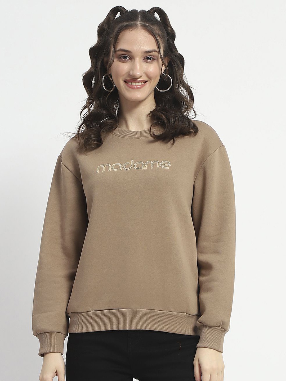 

Madame Women Typography Printed Pullover Sweatshirt, Brown