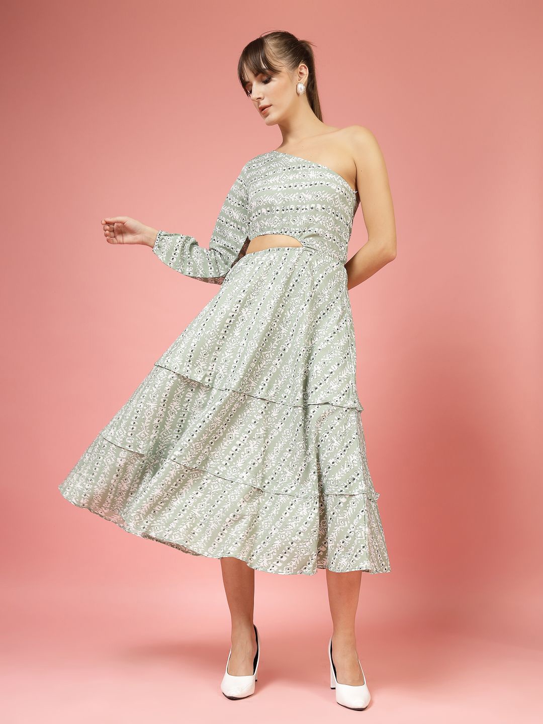 

Oomph! Women Floral Printed One Shoulder Fit & Flare Midi Dress, Green