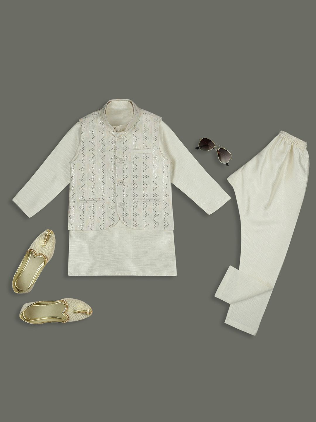 

Sangria Boys Mandarin Collar Straight Kurta with Churidar & Sequinned Nehru Jacket, Cream