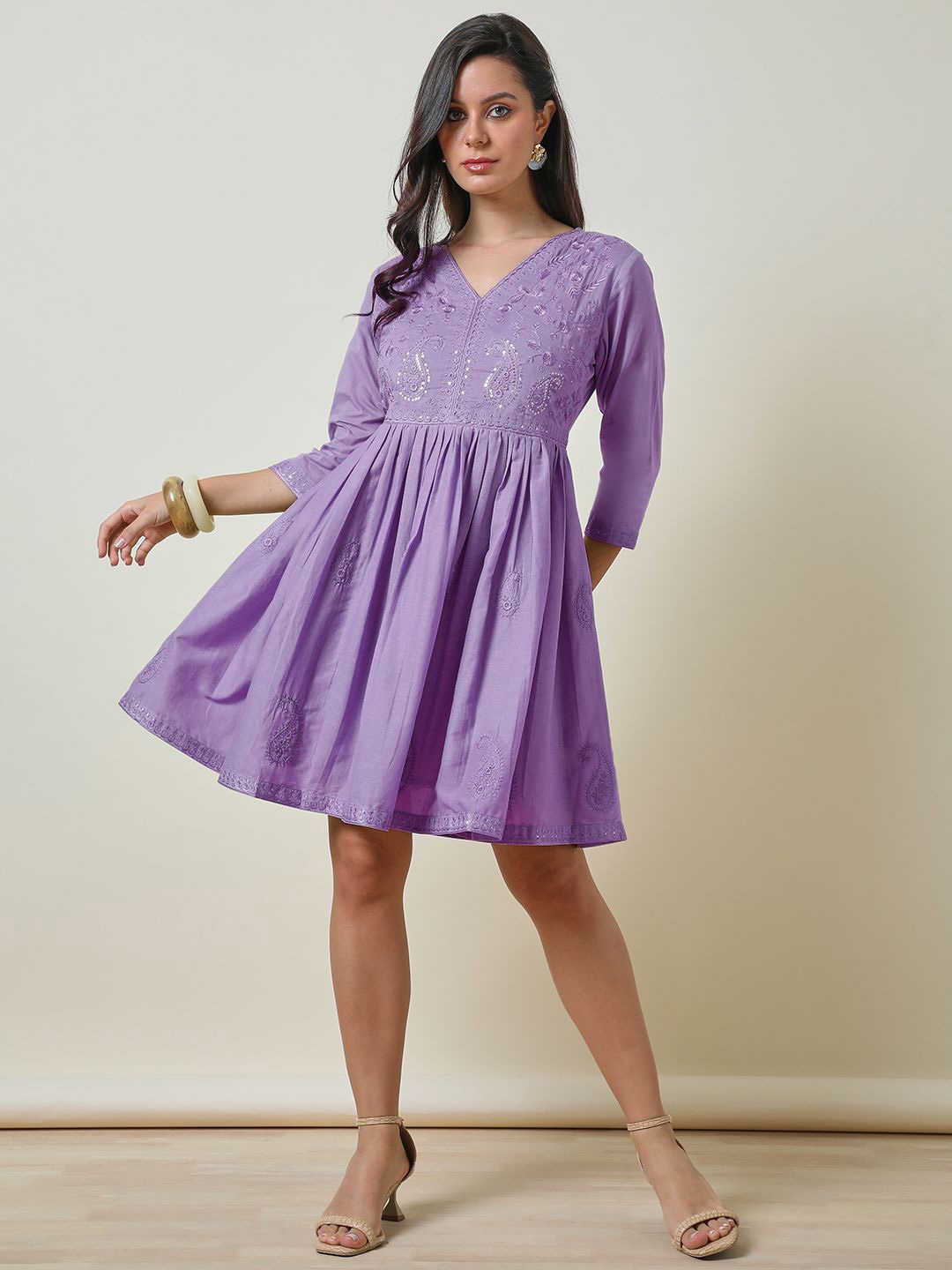 

Soch Women Cotton Embroidered Fit & Flare Mini Dress, Purple