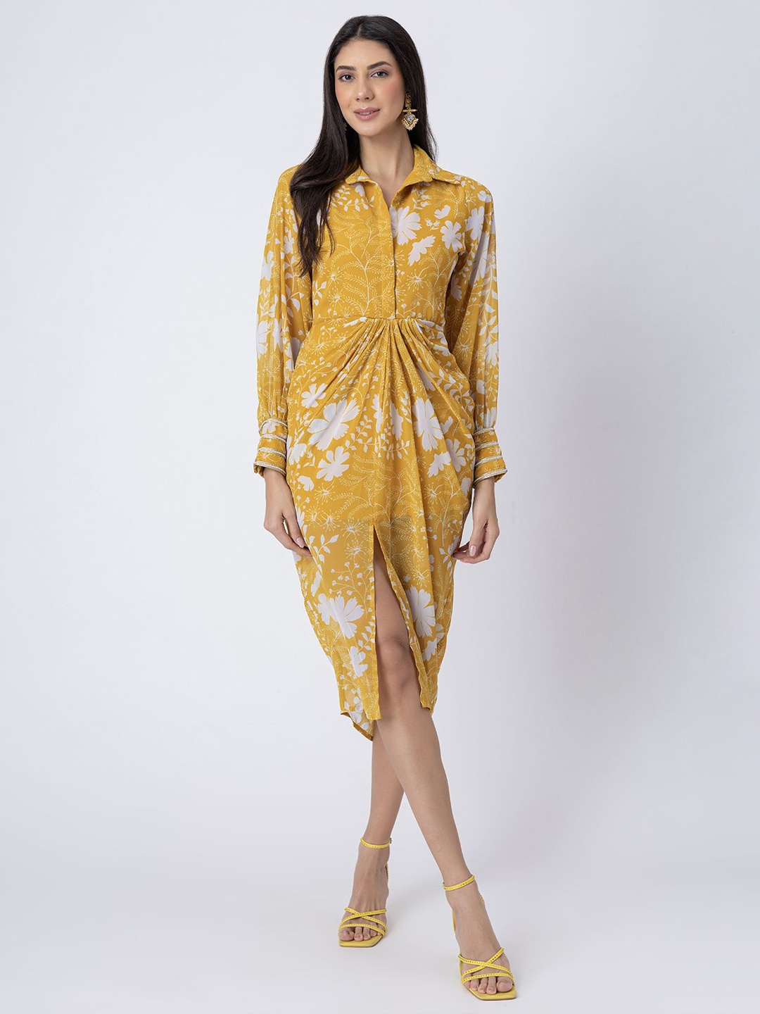 

Moomaya Floral Printed Georgette Shirt Dress, Yellow