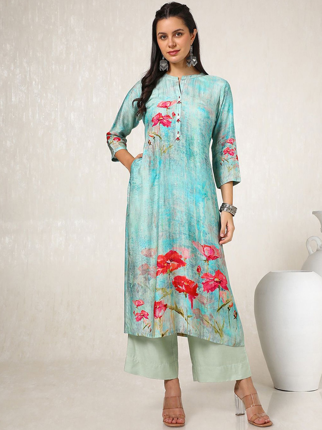 

Soch Floral Printed Mandarin Collar Straight Kurta, Turquoise blue