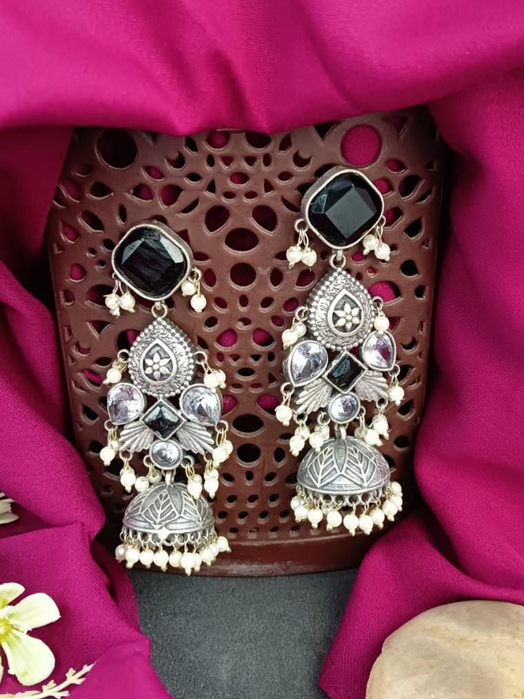 

Efulgenz Rhodium-Plated Dome Shaped Crystal Oxidised Jhumkas, Black