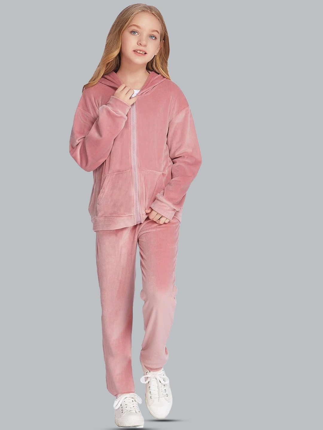 

Elendra jeans Girls Hooded Fleece Velvet Sweatshirt With Trousers, Pink
