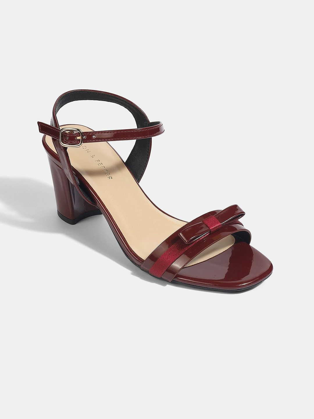 

LEMON & PEPPER Women PU Block Heel Sandals With Bows, Maroon