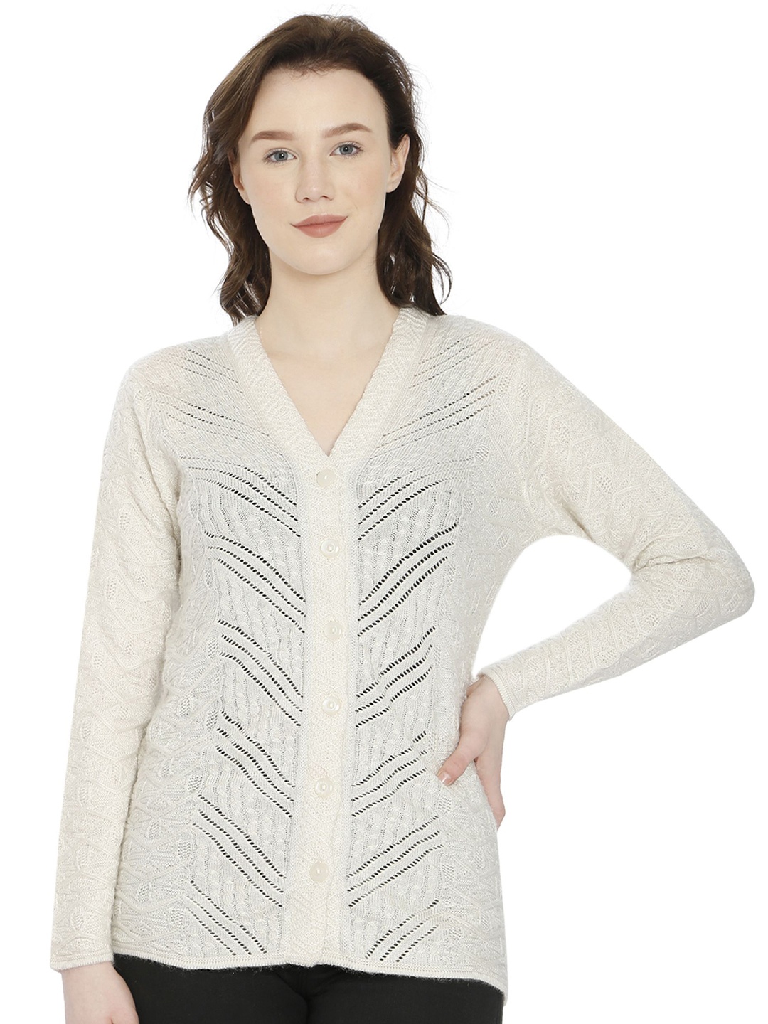 

HAUTEMODA Women Open Knit Woollen Cardigan, White