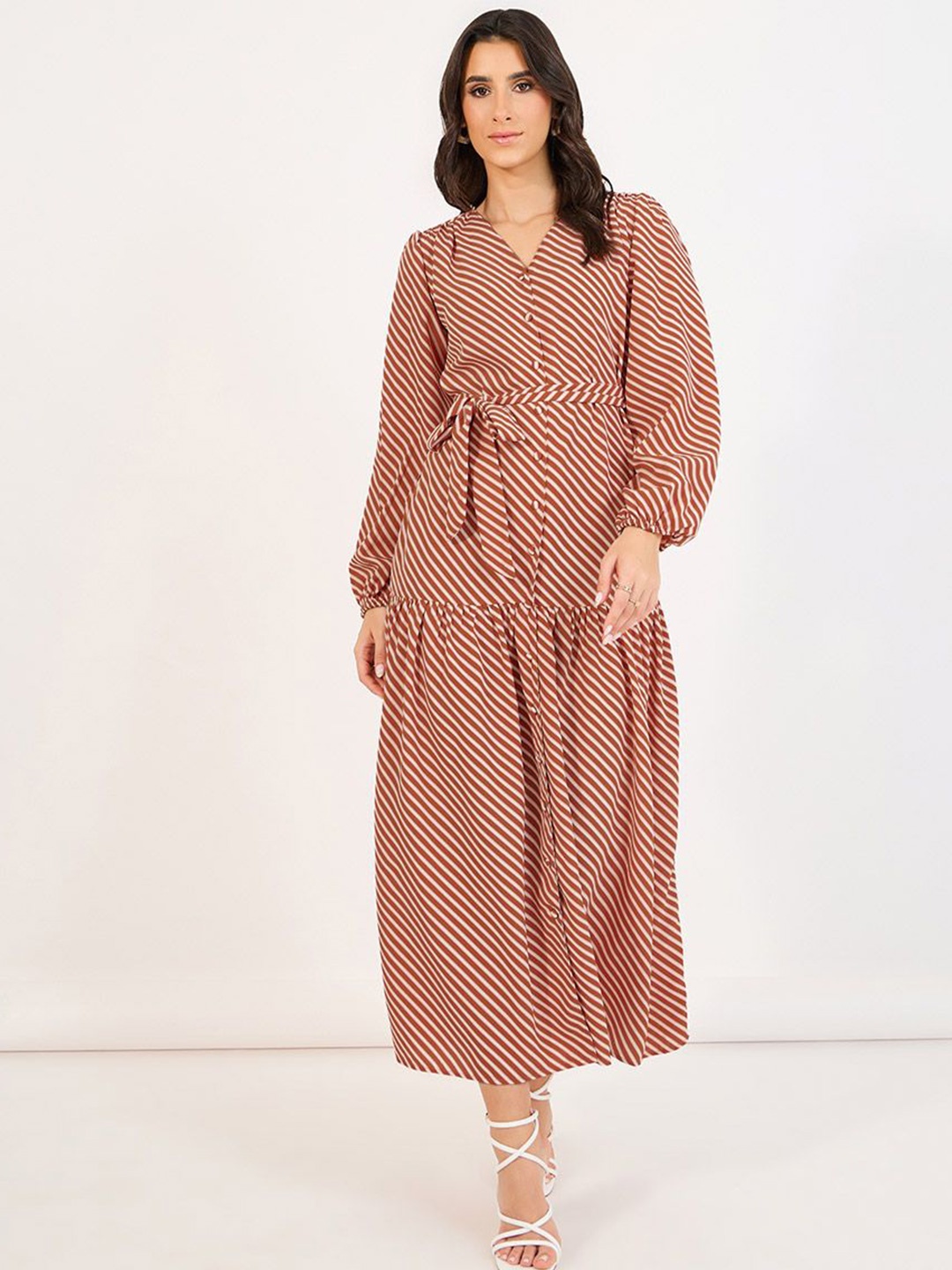 

Styli Women Striped Print V-Neck Puff Sleeves A-Line Maxi Dress, Brown