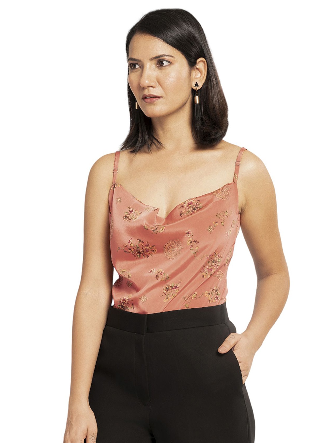 

D'Almirah Women Floral Print Cowl Neck Top, Peach