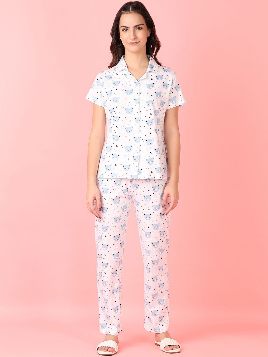 

V-Mart Women Graphic Printed Lapel Collar Short Sleeves Night suit, White