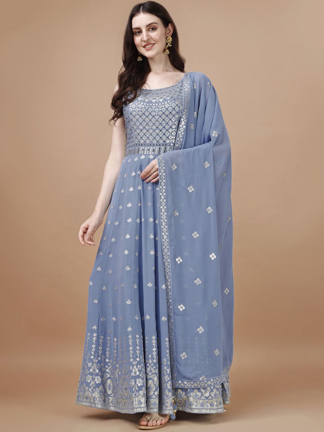 

VANAKARA Women Embroidered Maxi Gown Ethnic Dresses With Dupatta, Grey