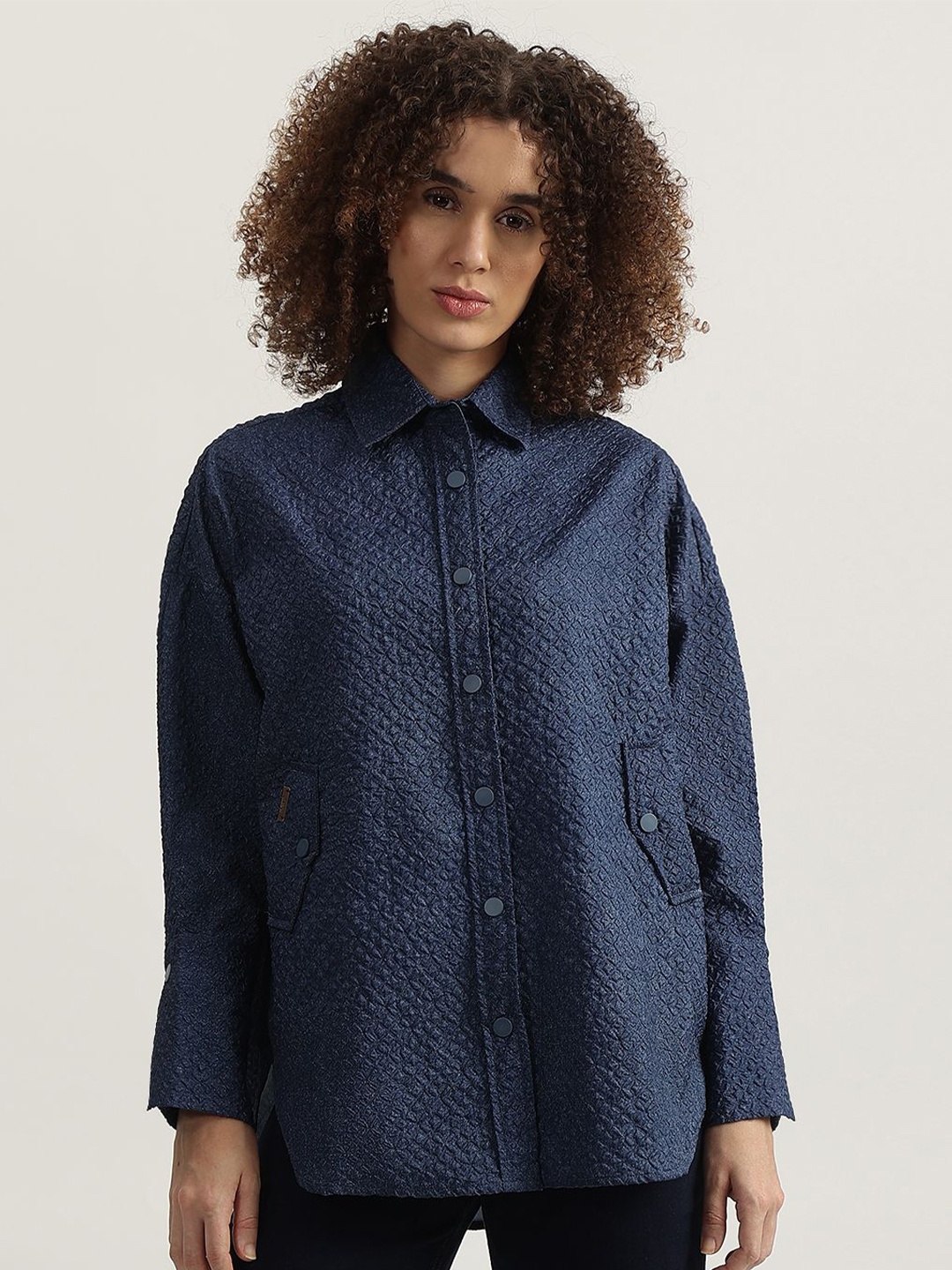 

Iconic Self Design Pure Cotton Shacket, Navy blue