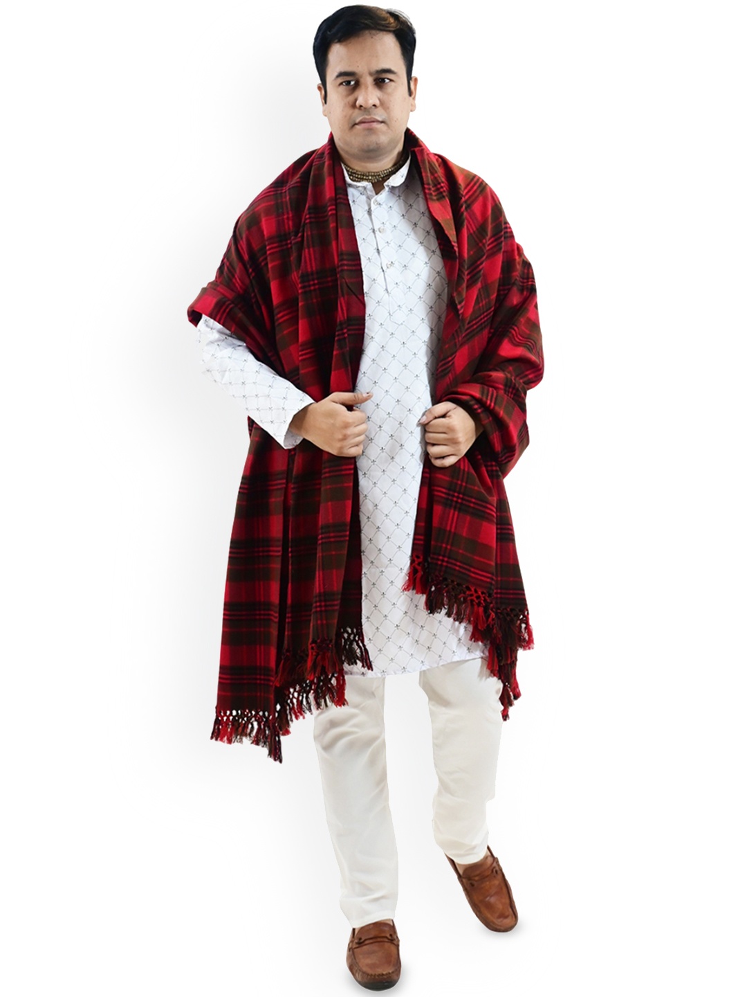 

Vrinde Checked Woven Design Woollen Shawl, Red