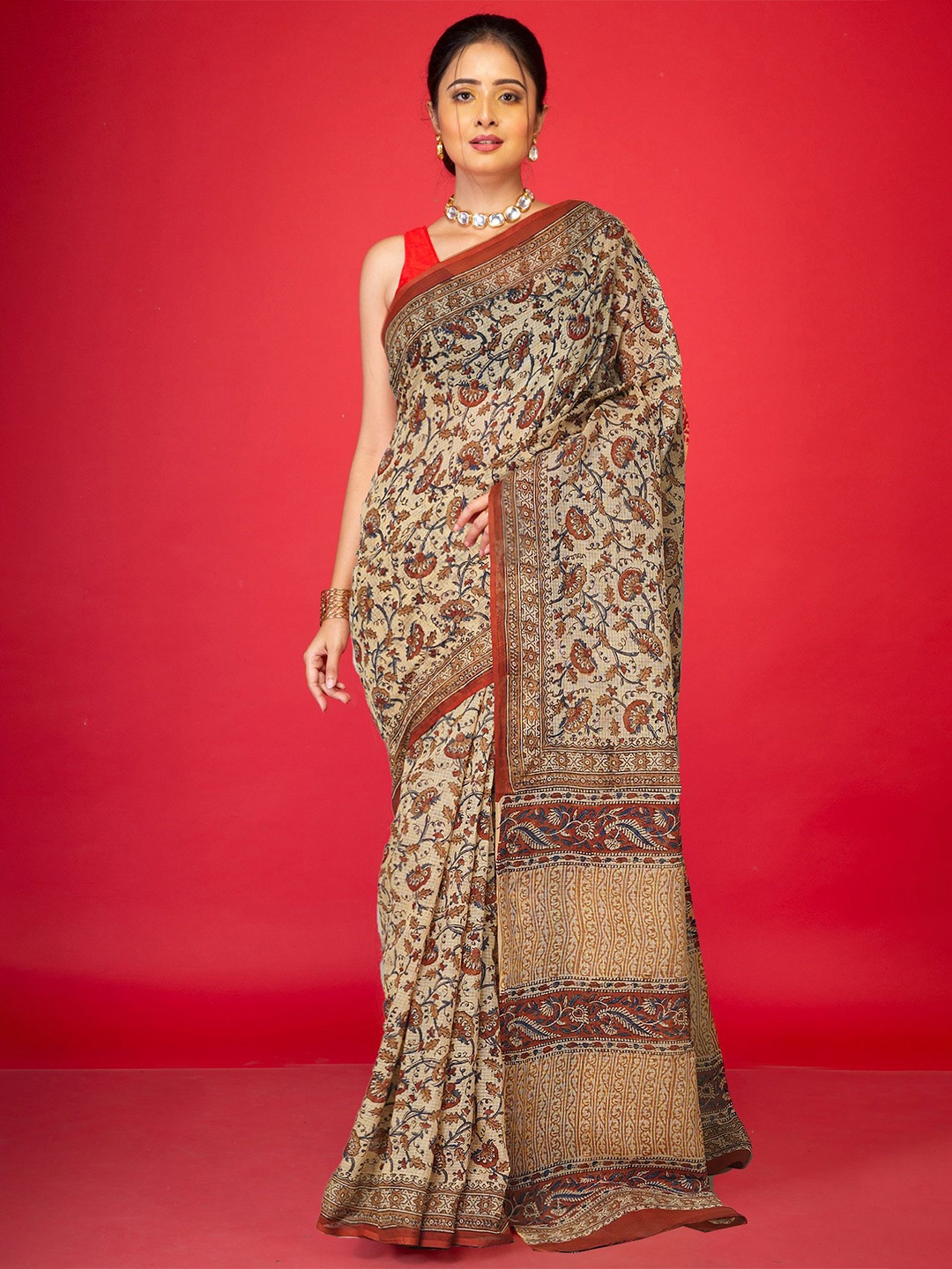 

Unnati Silks Pure Cotton Handloom Printed Kota Saree, Cream