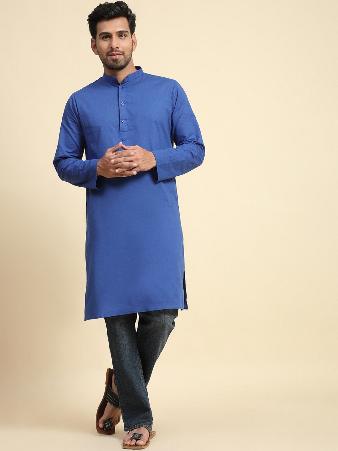 

SKAVIJ Band Collar Cotton Straight Kurta, Navy blue