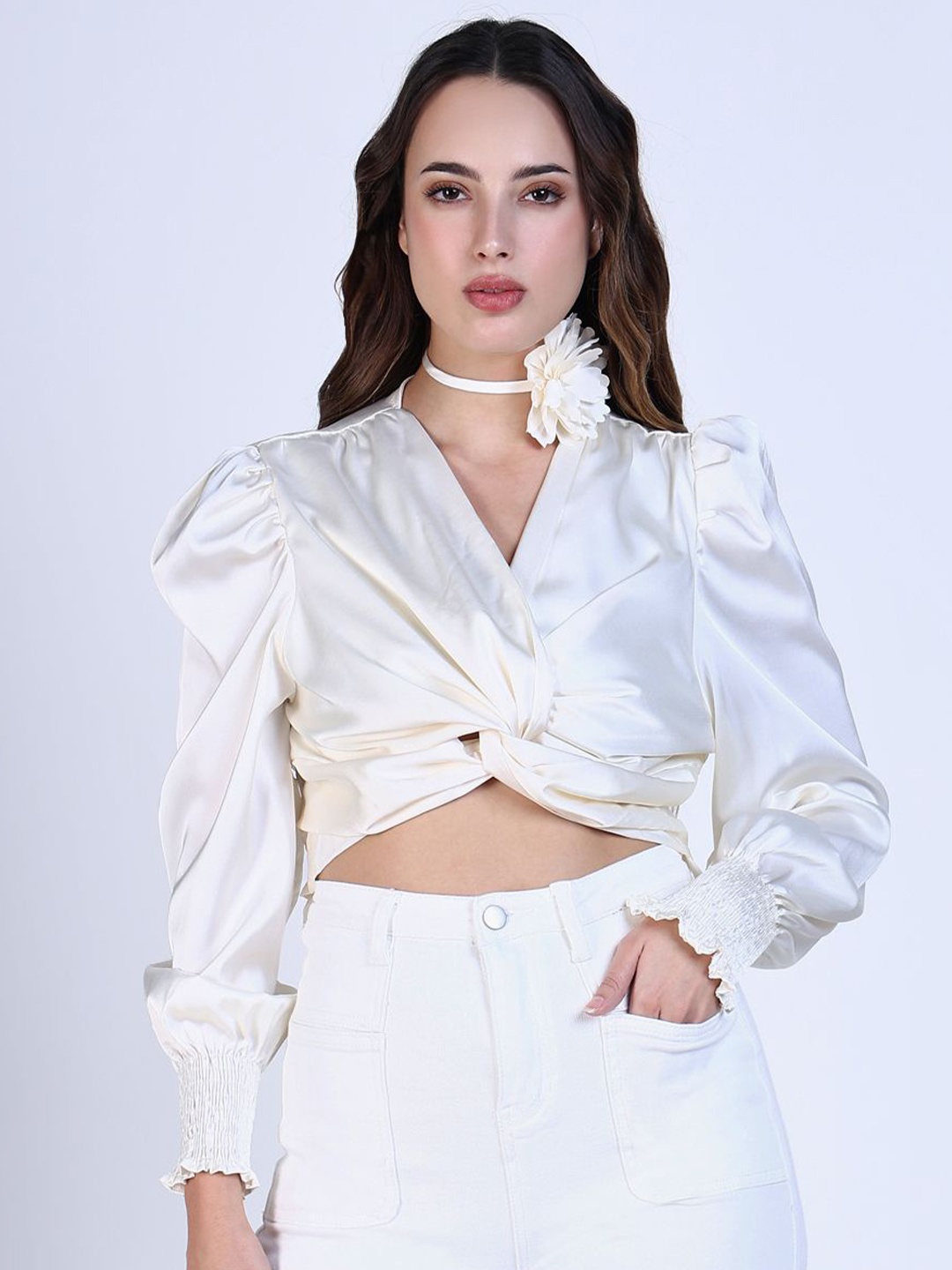 

SHOWOFF Puff Sleeve Twisted Satin Crop Top with Flower Bow, Cream