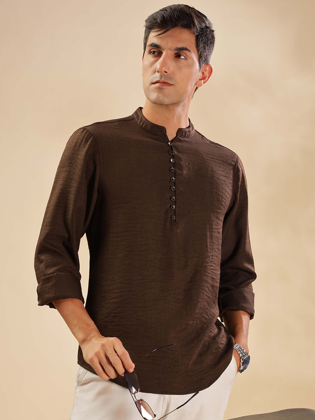 

HERE&NOW Mandarin Collar Straight Short Kurta, Brown