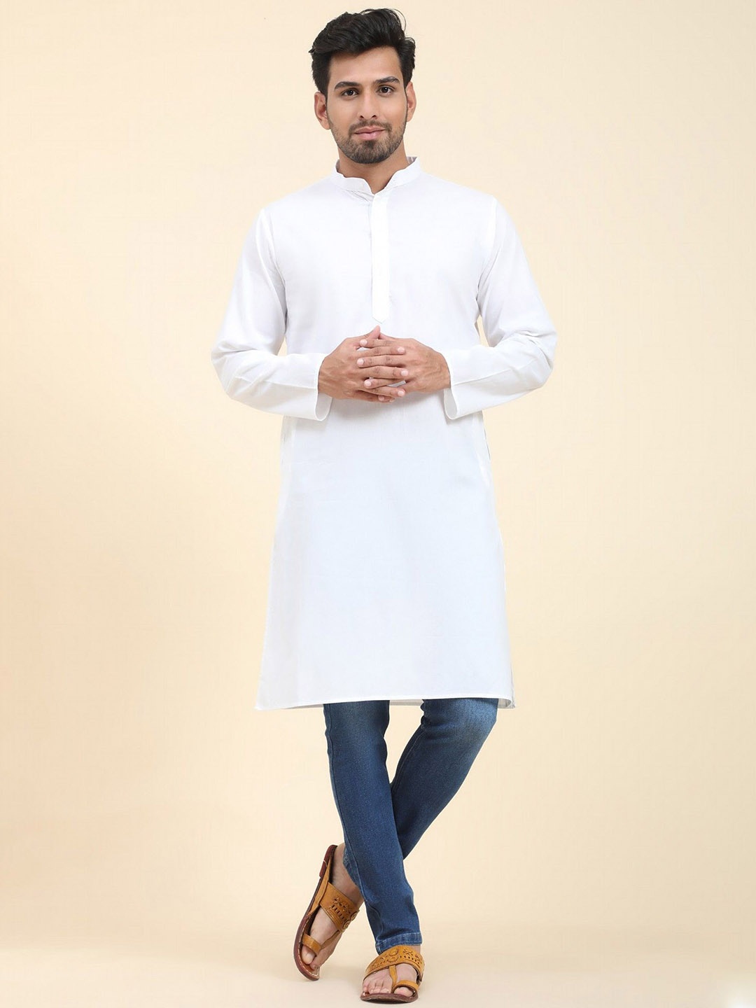 

SKAVIJ Band Collar Cotton Straight Kurta, White