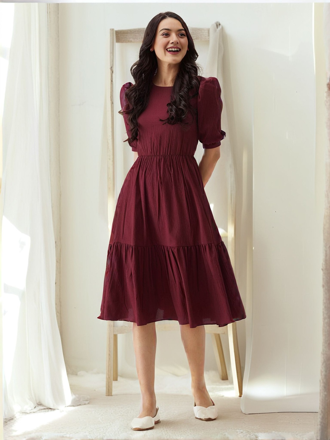 

Womenster Women Puff Sleeve A-Line Dress, Maroon