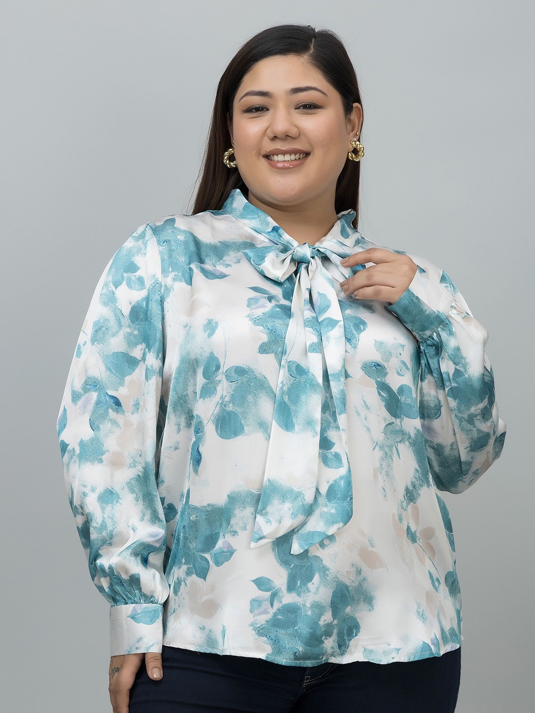 

PURYS PLUS Printed Tie-Up Neck Satin Shirt Style Plus Size Top, White