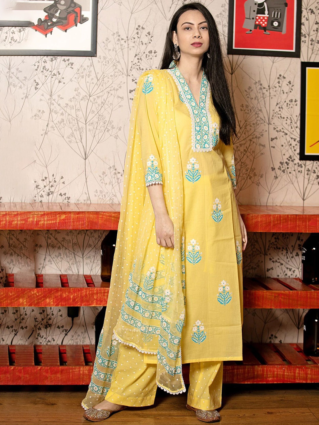 

KALINI V-Neck Floral Printed Straight Kurta with Palazzo & Dupatta, Mustard
