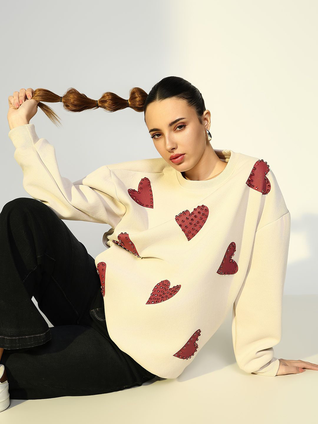 

SHOWOFF Women Embellished Cotton Sweatshirt, Cream