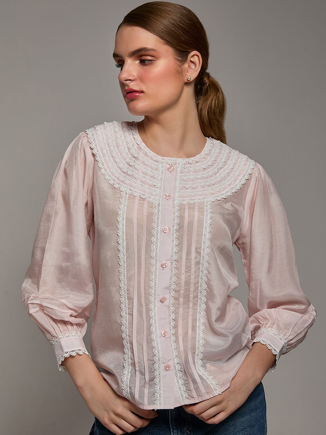 

TORSHA Women Lace-Up Shirt Style Top, Pink