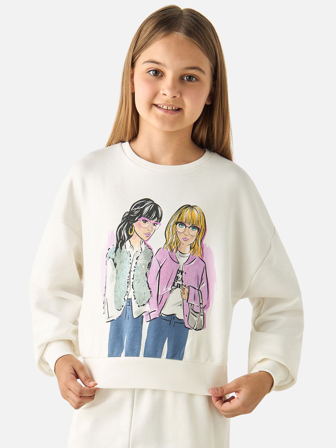 

Juniors by Babyshop Girls Graphic Printed Cotton Pullover Sweatshirt, Cream