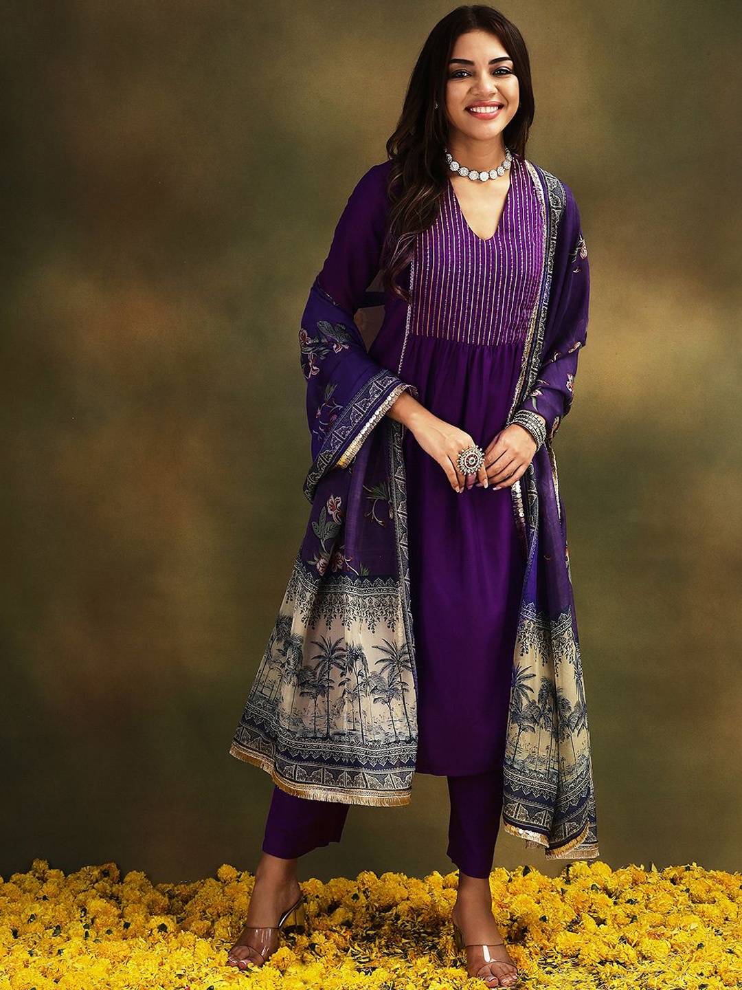 

Stylefables Yoke Design Sequinned Pure Cotton Anarkali Kurta with Trousers & Dupatta, Purple