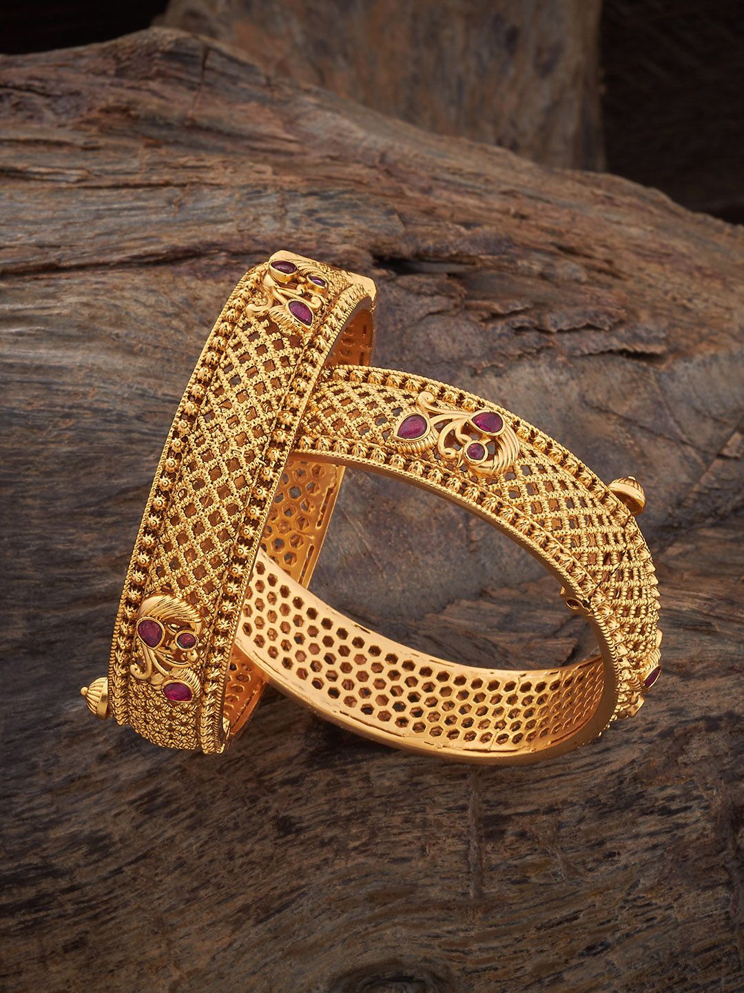 

Kushal's Fashion Jewellery Set Of 2 Gold-Plated Stone Studded Antique Bangles