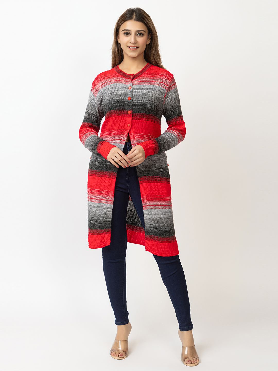 

Pampara Colourblocked Open Front Sweater, Red