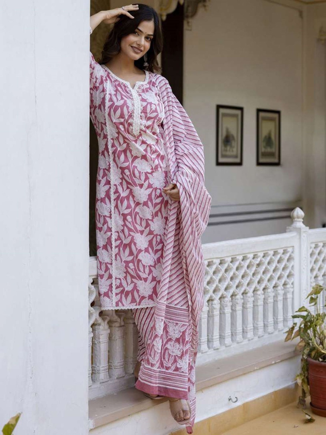 

PARTHVI Floral Printed Thread Work Pure Cotton Kurta With Trousers & Dupatta, Pink