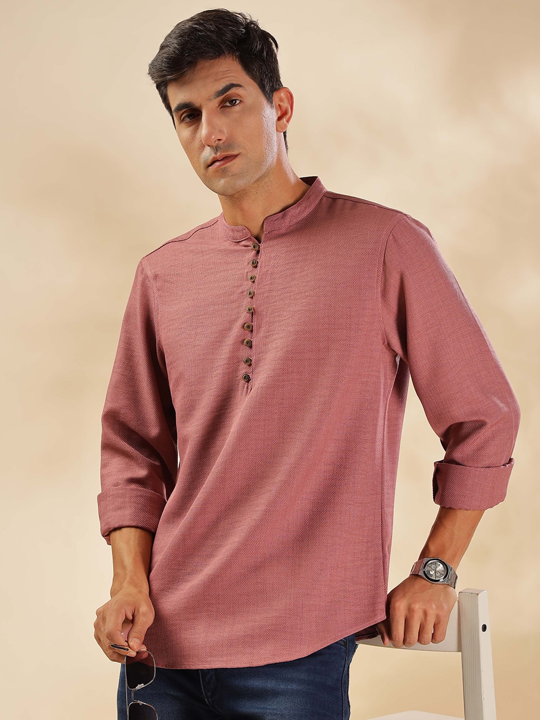 

HERE&NOW Mandarin Collar Straight Short Kurta, Rust