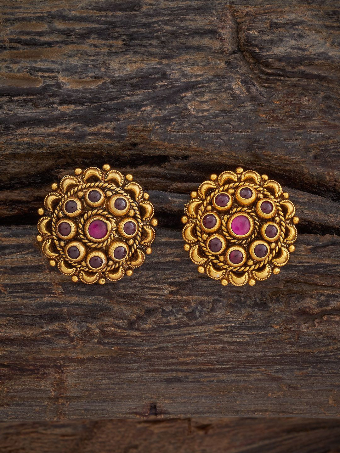 

Kushal's Fashion Jewellery Gold-Plated Ruby Stone Studded Circular Silver Temple Studs