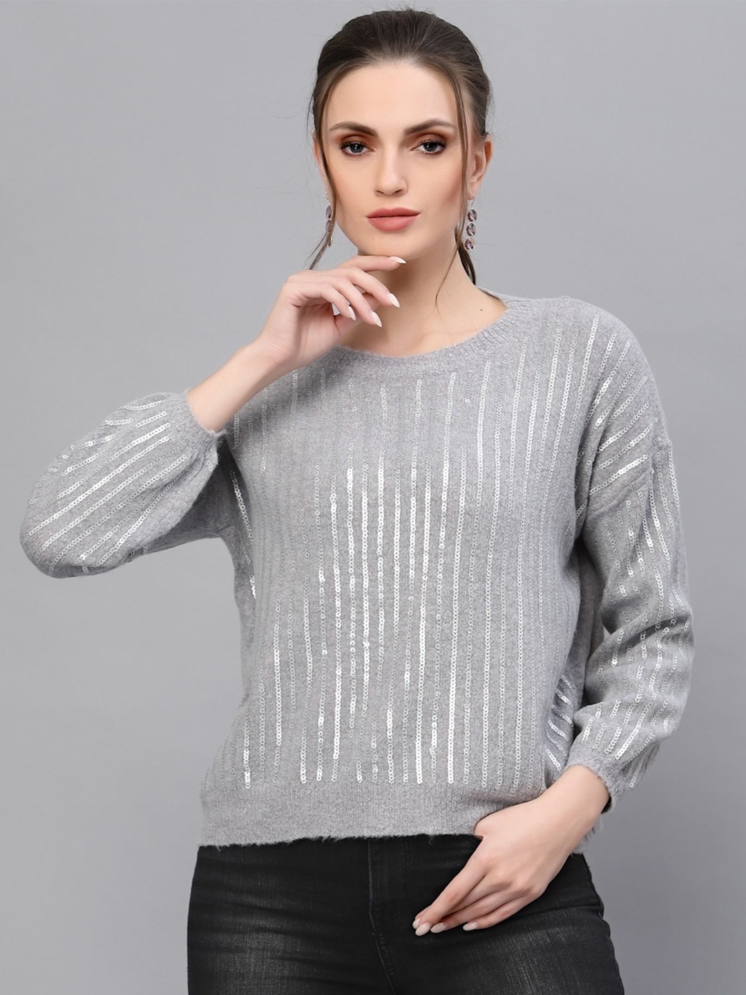 

Mafadeny Women Pullover with Embellished Detail, Grey