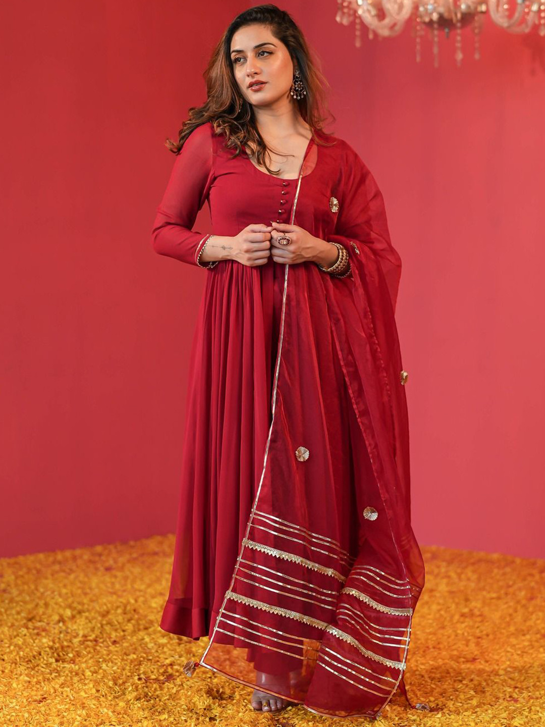 

KALINI Pleated Gotta Patti Kurta with Trouser & Dupatta, Red