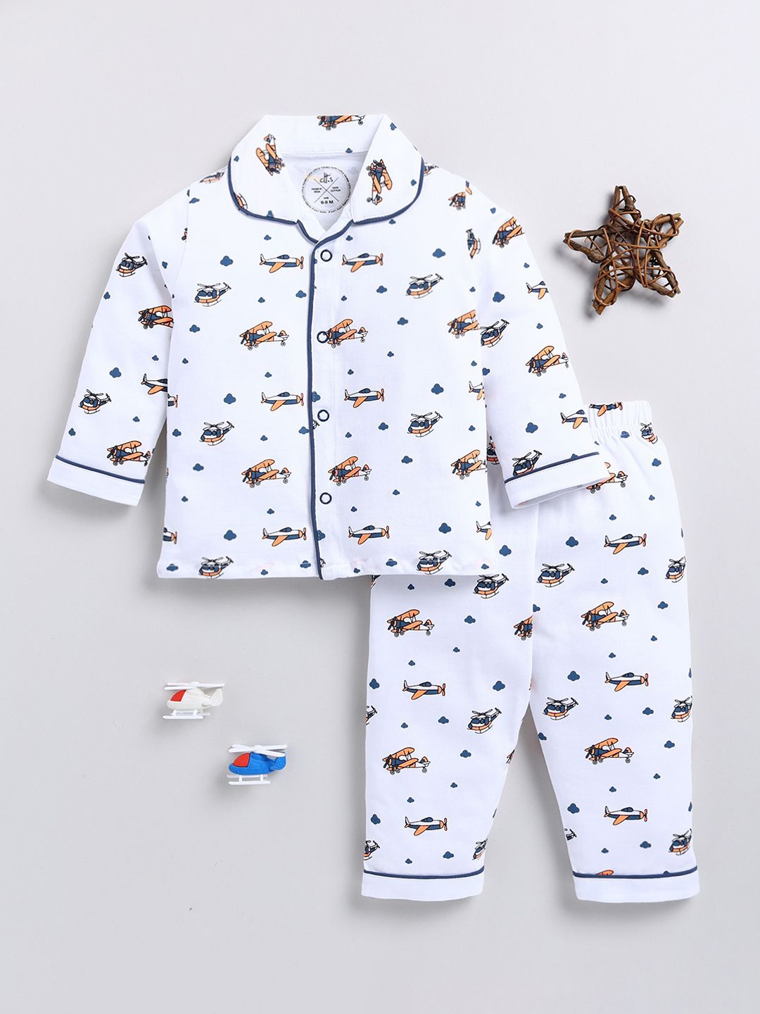

Clt.s Kids - Unisex Graphic Printed Pure Cotton Shirt Collar Night suit, White