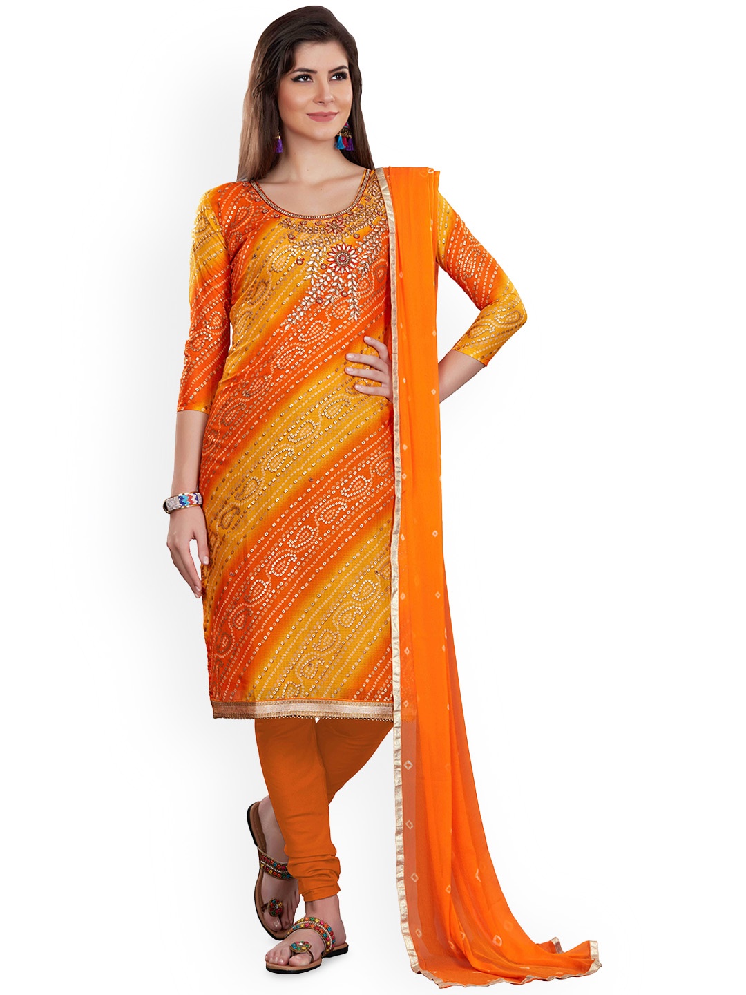 

Maroosh Bandhani Printed Beads Work Unstitched Dress Material, Orange