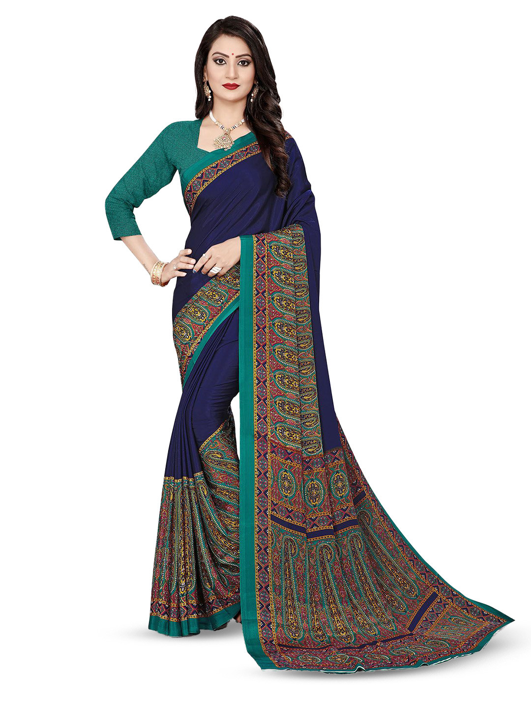 

Navvi Printed Border Solid Saree With Blouse Piece, Blue