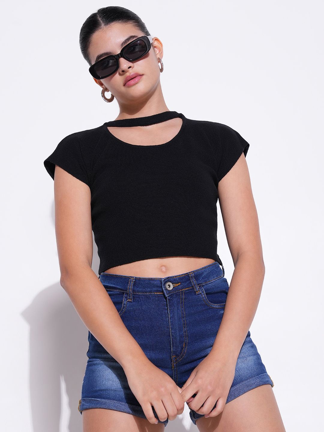 

SHOWOFF Women Round Neck Extended Sleeves Crop Top, Black